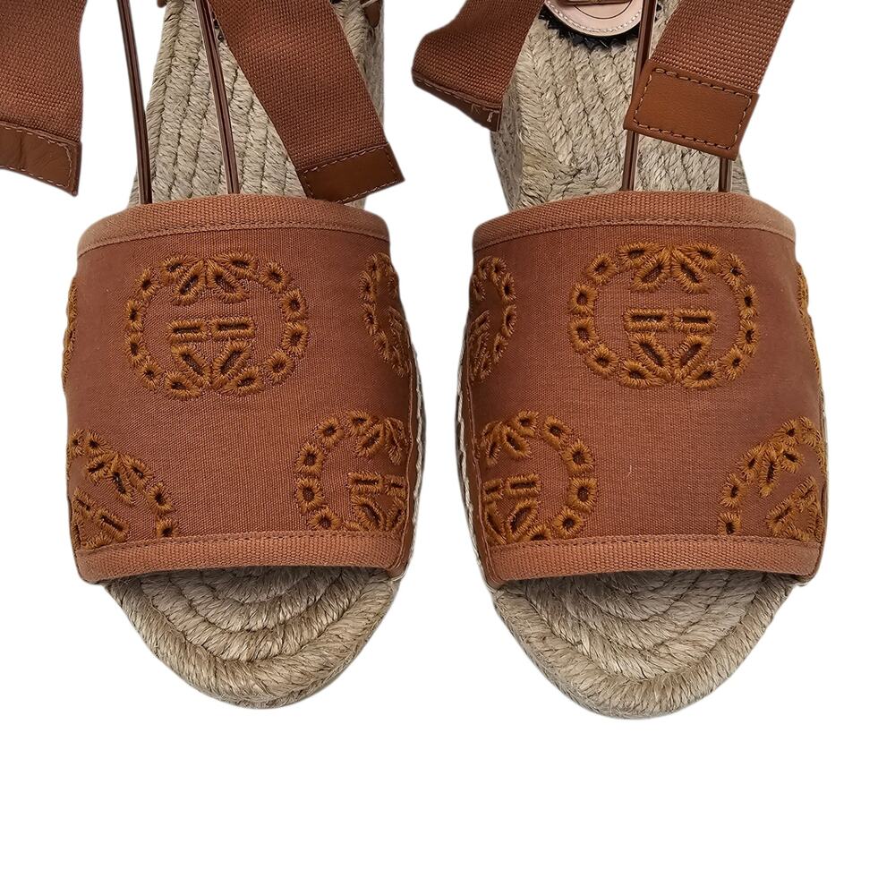 Gucci GG Espadrille Wedge Sandal Eyelet Canvas Ankle Tie Brown Size 37 US 7 - Picture 4 of 12